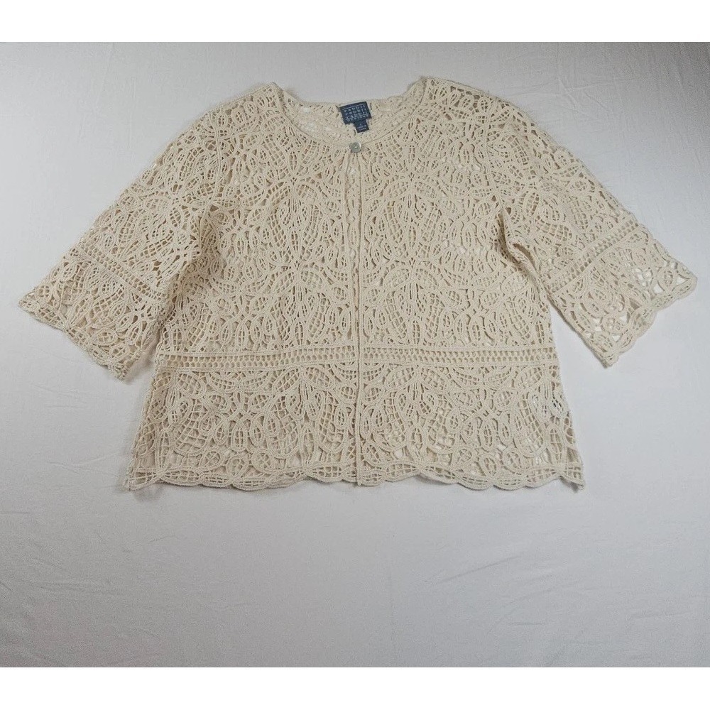 Rabbit Women's Crochet‎ Cardigan L Button Beige 3/4 Sleeve 100% Cotton